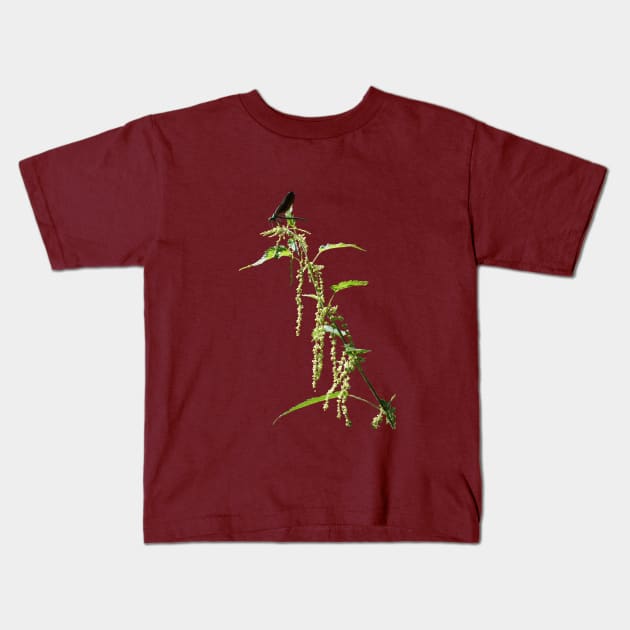 Black Dragonfly On Nettle Kids T-Shirt by Pirino
